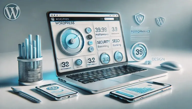 Billede af en computer som viser en wordpress hjemmeside under udvikling